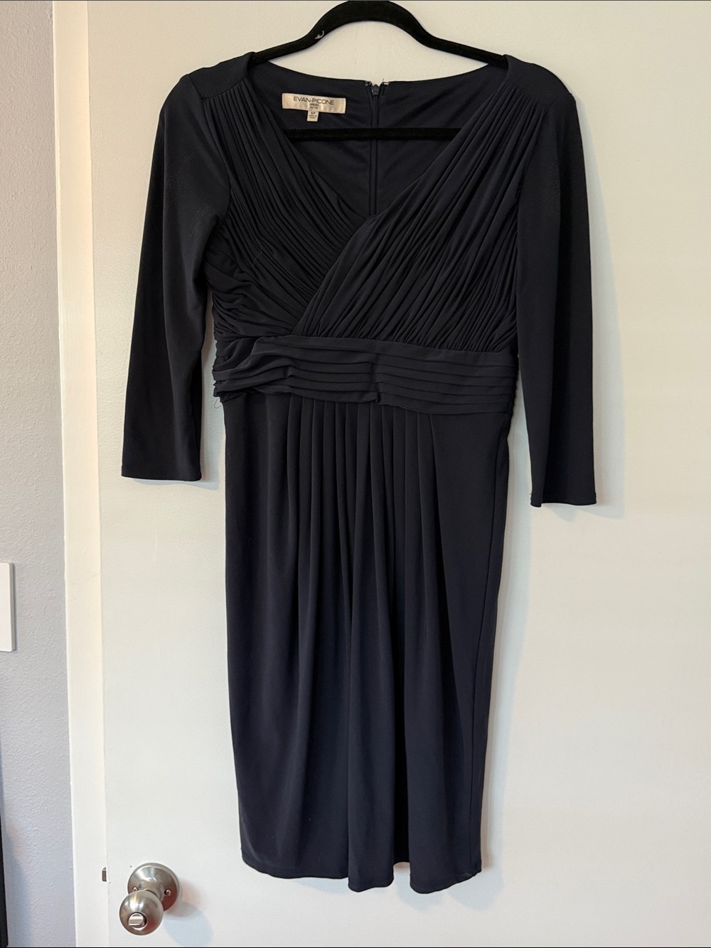 Evan Picone Black Pleated Faux-Wrap Long Sleeve Dress